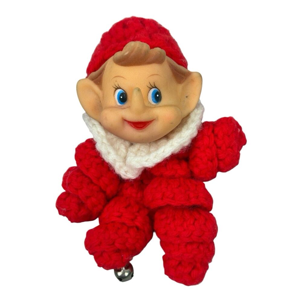 Vintage Hand Crocheted Christmas Elf Plastic Face with Elfin Ears 6"